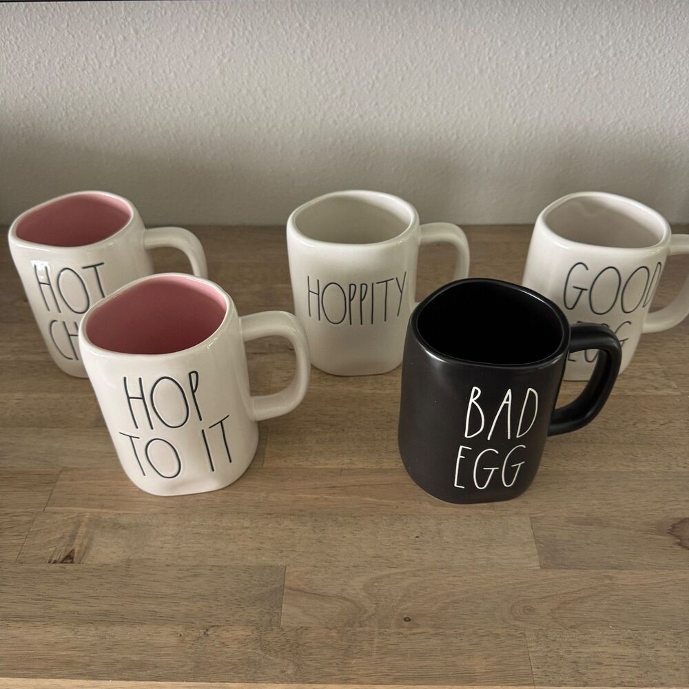 Rae Dunn Easter Mug Lot 5 HOP TO IT HOPPITY BAD EGG GOOD EGG Spring Decor